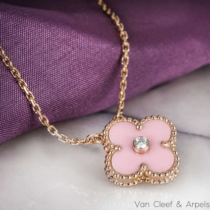 Van Cleef & Arpels Limited Edition 2015 Pink Porcelain Vintage Alhambra Holiday Pendant VCAR05SY00