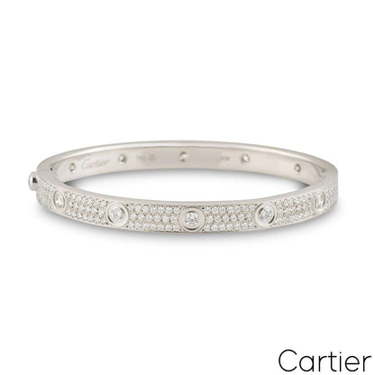 Cartier White Gold Pave Diamond Love Bracelet Size 18 N6033603