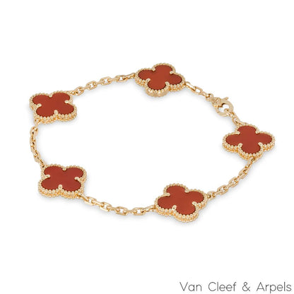 Van Cleef & Arpels Yellow Gold Carnelian Vintage Alhambra 5 Motif Bracelet VCARD35500