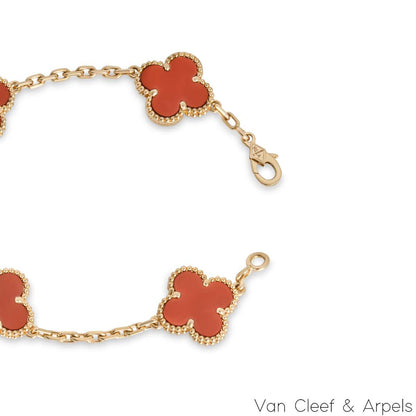 Van Cleef & Arpels Yellow Gold Carnelian Vintage Alhambra 5 Motif Bracelet VCARD35500