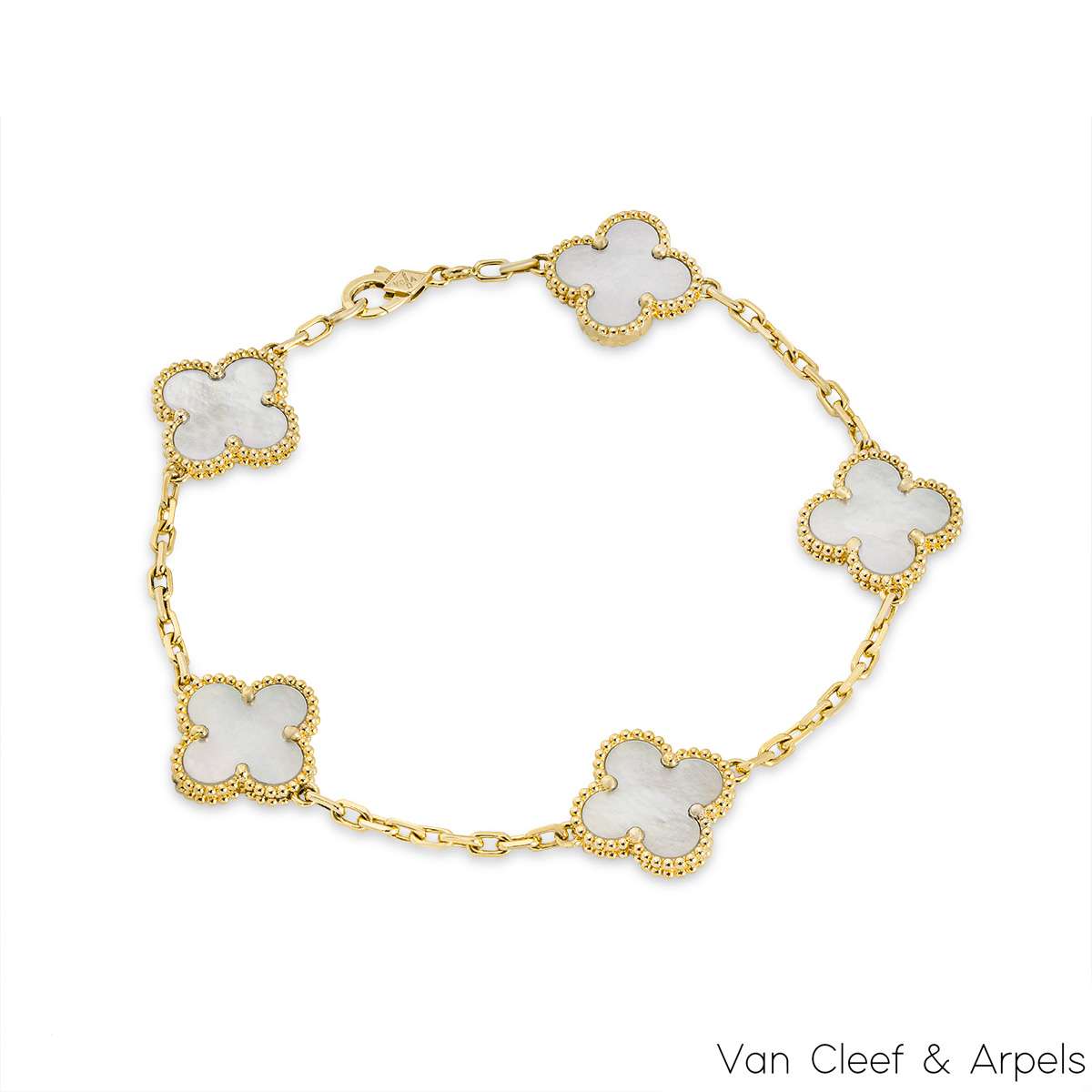 Van Cleef & Arpels Yellow Gold Mother Of Pearl Vintage Alhambra 5 Motif Bracelet VCARA41800