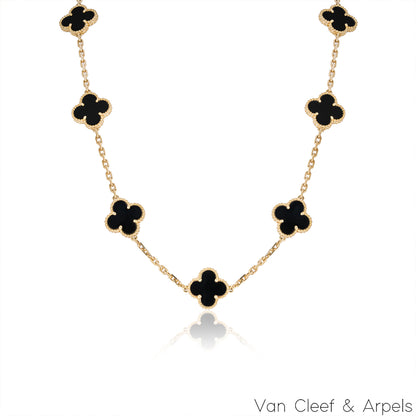 Van Cleef & Arpels Yellow Gold Onyx Vintage Alhambra 10 Motif Necklace VCARA42700