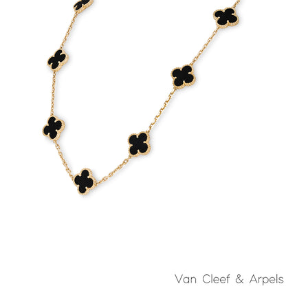 Van Cleef & Arpels Yellow Gold Onyx Vintage Alhambra 10 Motif Necklace VCARA42700