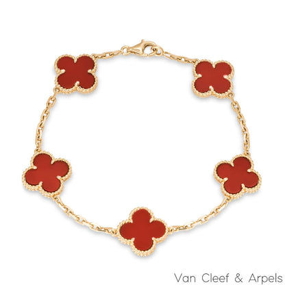 Van Cleef & Arpels Yellow Gold Carnelian Vintage Alhambra 5 Motif Bracelet VCARD35500