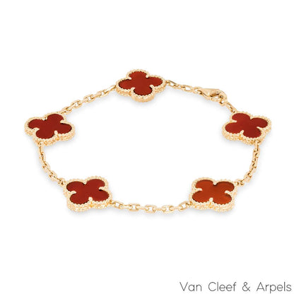 Van Cleef & Arpels Yellow Gold Carnelian Vintage Alhambra 5 Motif Bracelet VCARD35500