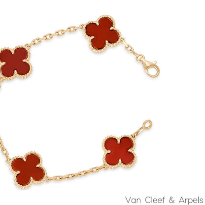 Van Cleef & Arpels Yellow Gold Carnelian Vintage Alhambra 5 Motif Bracelet VCARD35500