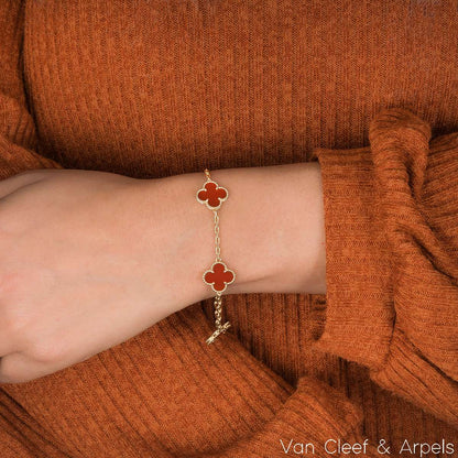 Van Cleef & Arpels Yellow Gold Carnelian Vintage Alhambra 5 Motif Bracelet VCARD35500