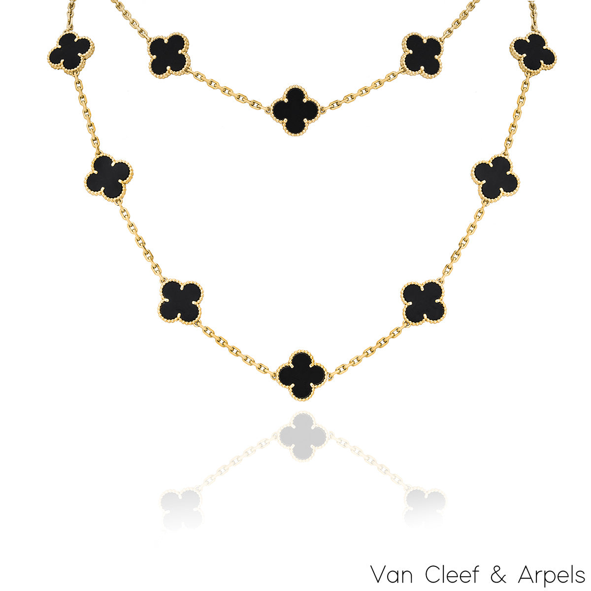 Van Cleef & Arpels Yellow Gold Onyx Vintage Alhambra 20 Motif Necklace VCARA43100