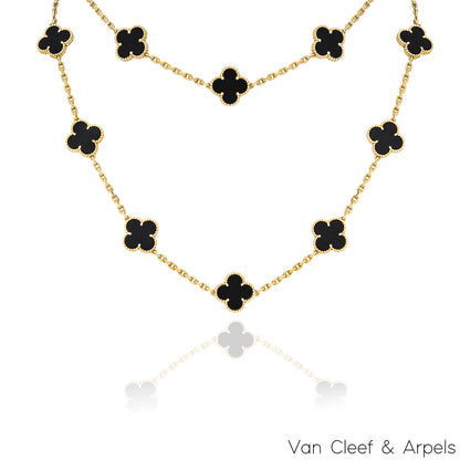 Van Cleef & Arpels Yellow Gold Onyx Vintage Alhambra 20 Motif Necklace VCARA43100