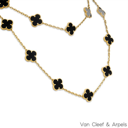 Van Cleef & Arpels Yellow Gold Onyx Vintage Alhambra 20 Motif Necklace VCARA43100