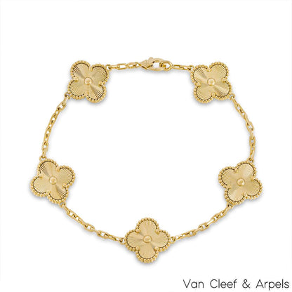 Van Cleef & Arpels Yellow Gold Guilloche Vintage Alhambra 5 Motif Bracelet VCARP3JK00