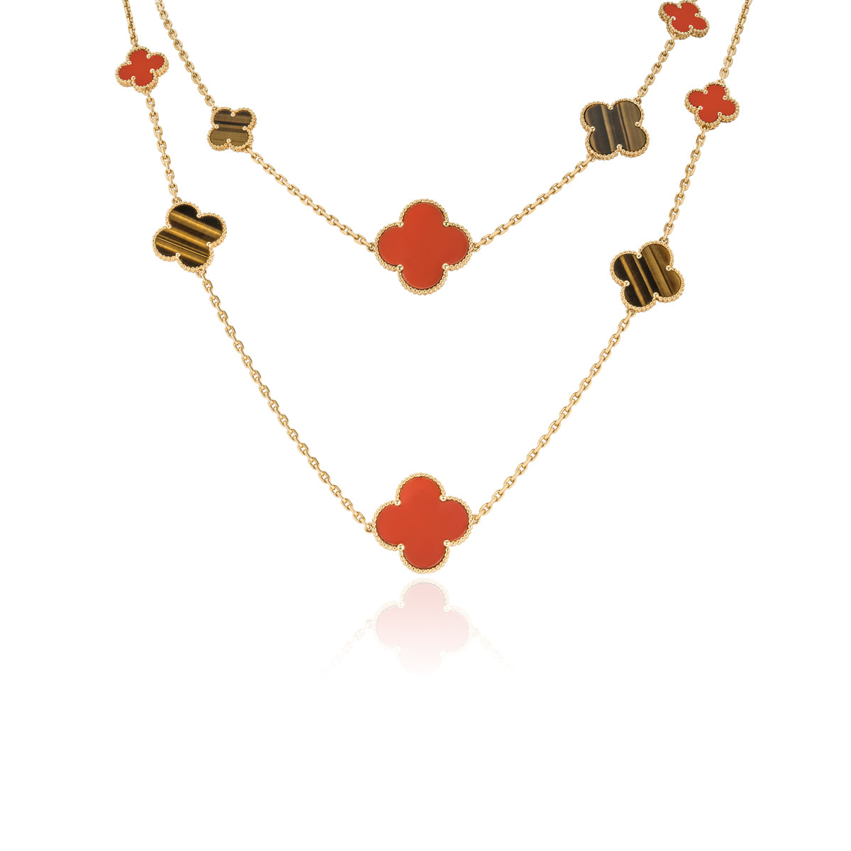 Van Cleef & Arpels Yellow Gold Carnelian & Tiger Eye Magic Alhambra 16 Motif Necklace VCARN5JO00