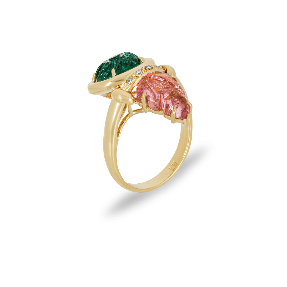 Yellow Gold Emerald Pink Tourmaline & Diamond Ring