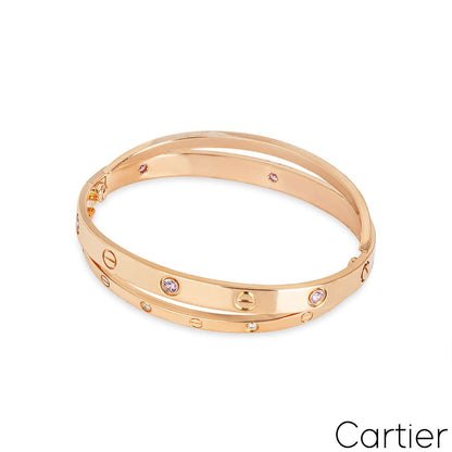 Cartier Rose Gold Half Diamond & Pink Sapphire Double Love Bracelet Size 17 N6705917