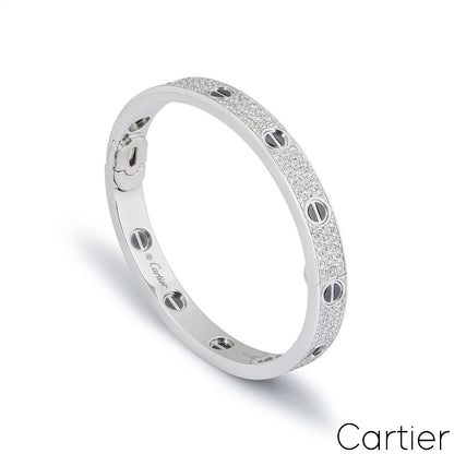 Cartier White Gold Pave Diamond & Ceramic Love Bracelet Size 21 N6032421