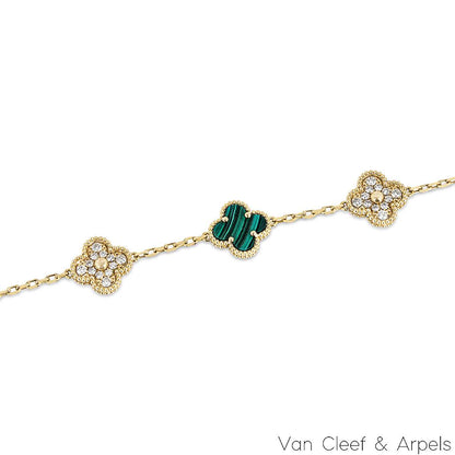 Van Cleef & Arpels Malachite & Diamond Vintage Alhambra 5 Motif Bracelet VCARO7GQ00