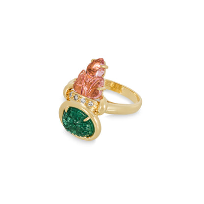 Yellow Gold Emerald Pink Tourmaline & Diamond Ring