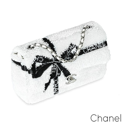 Chanel 24B White & Black Sequin Bow Mini Flap Silver Hardware Bag