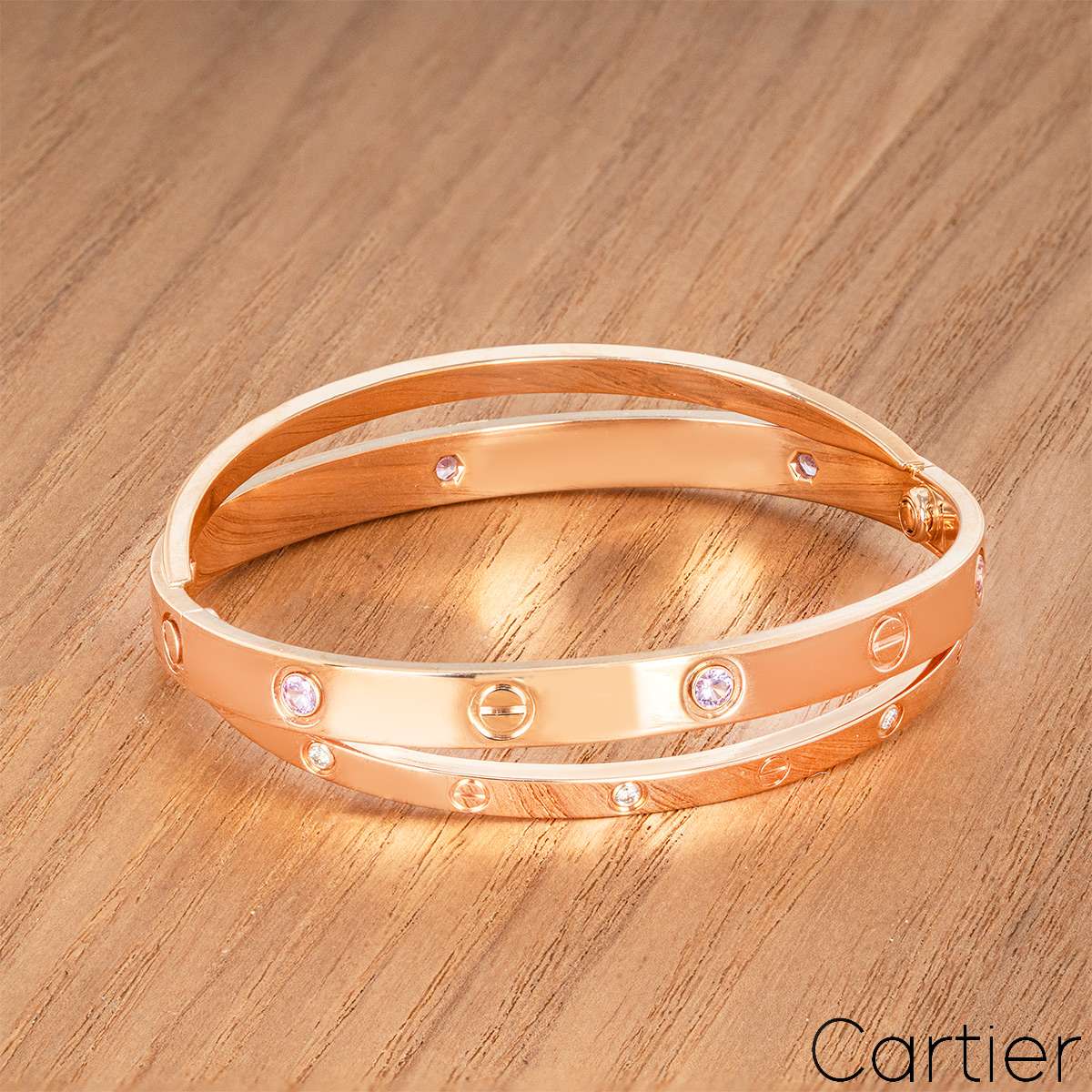 Cartier Rose Gold Half Diamond & Pink Sapphire Double Love Bracelet Size 17 N6705917