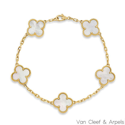 Van Cleef & Arpels Yellow Gold Mother Of Pearl Vintage Alhambra 5 Motif Bracelet VCARA41800