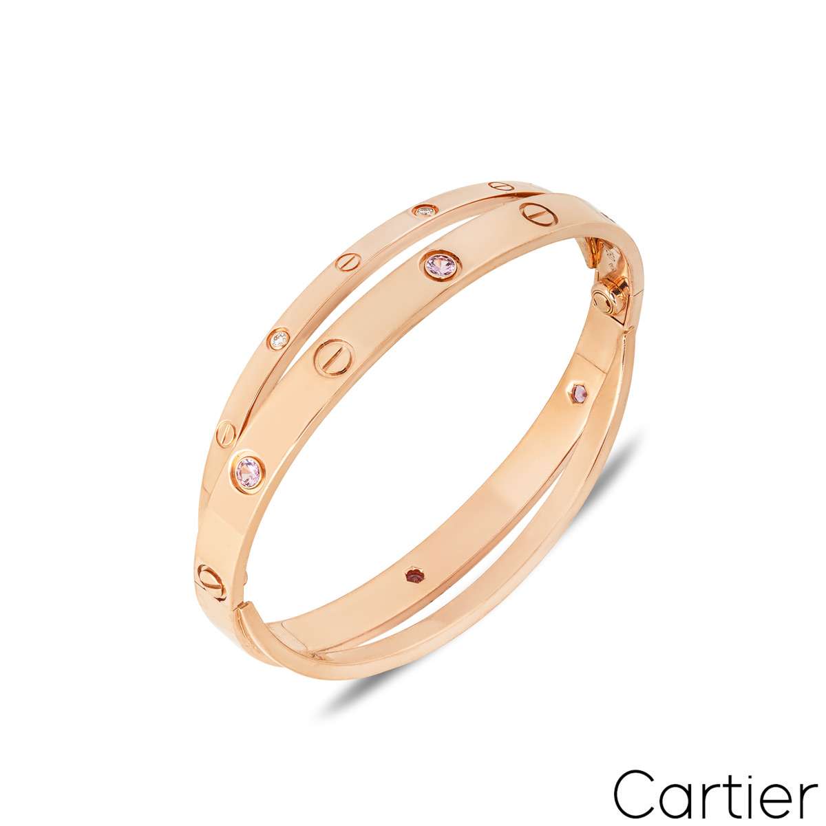 Cartier Rose Gold Half Diamond & Pink Sapphire Double Love Bracelet Size 17 N6705917