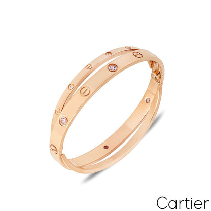 Cartier Rose Gold Half Diamond & Pink Sapphire Double Love Bracelet Size 17 N6705917