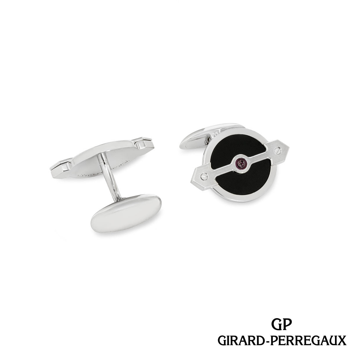 Girard Perregaux White Gold Onyx & Ruby Set Golden Bridge Cufflinks