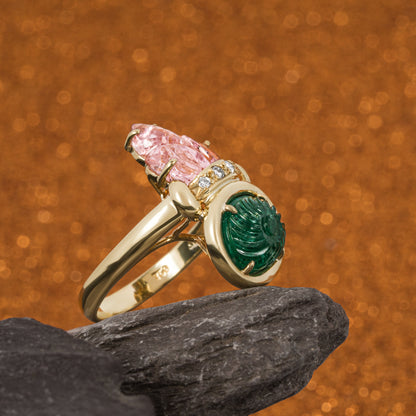 Yellow Gold Emerald Pink Tourmaline & Diamond Ring