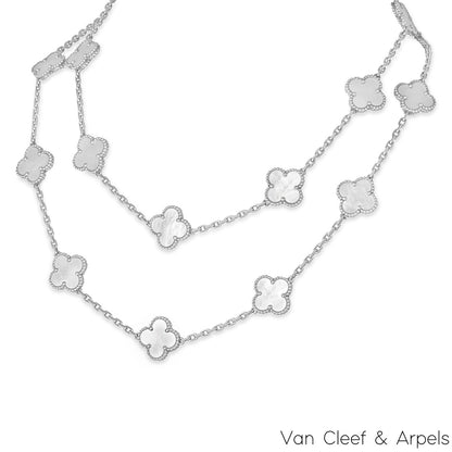 Van Cleef & Arpels White Gold Mother Of Pearl Vintage Alhambra 20 Motif Necklace VCARF48800