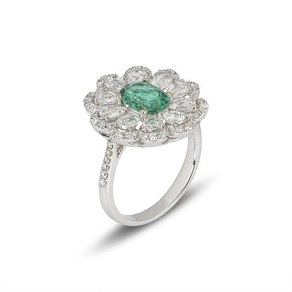 White Gold Emerald And Diamond Flower Ring