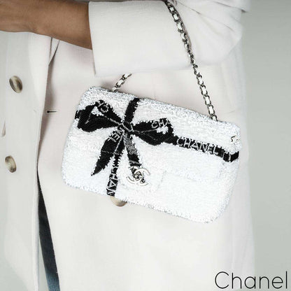 Chanel 24B White & Black Sequin Bow Mini Flap Silver Hardware Bag