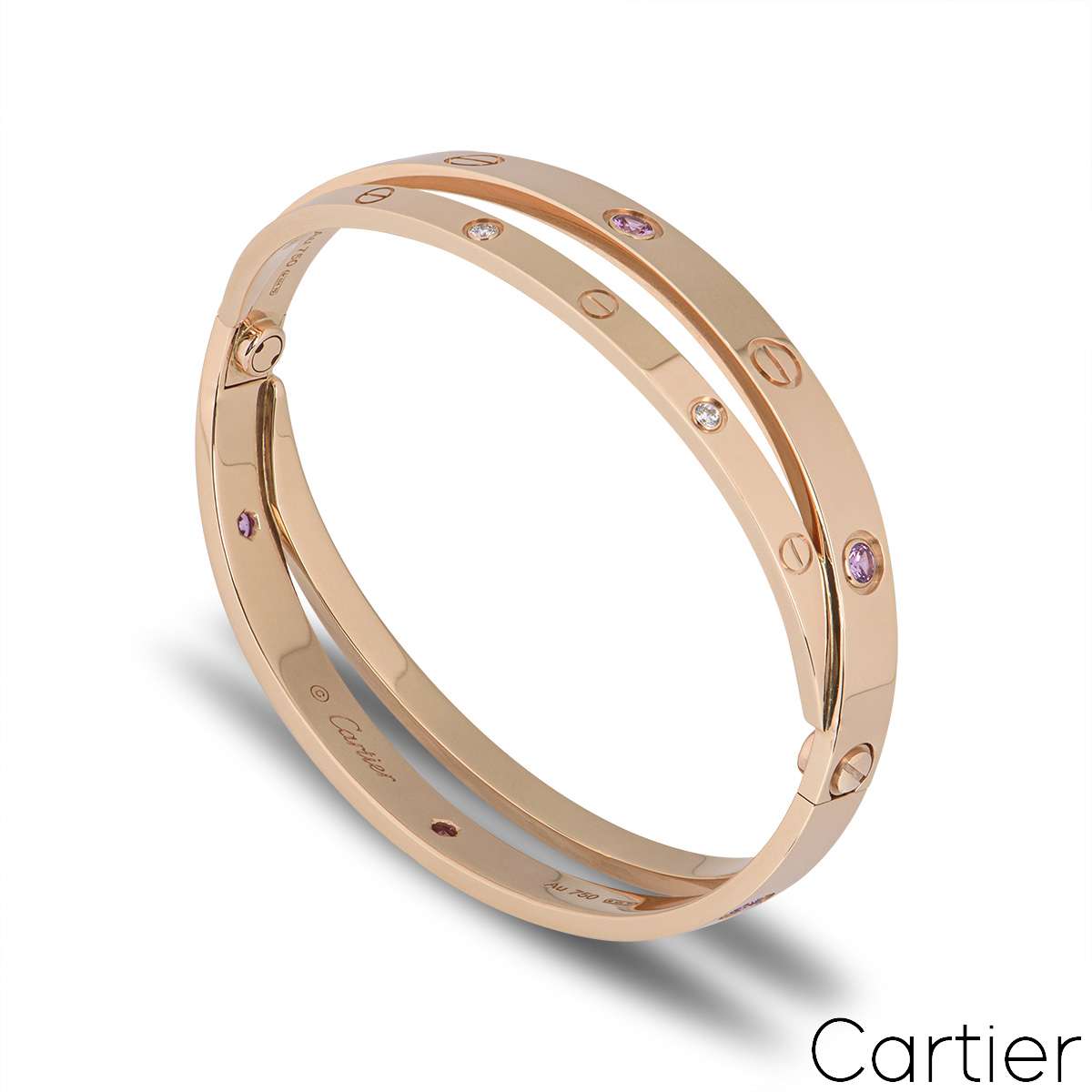 Cartier Rose Gold Half Diamond & Pink Sapphire Double Love Bracelet Size 18 N6705918