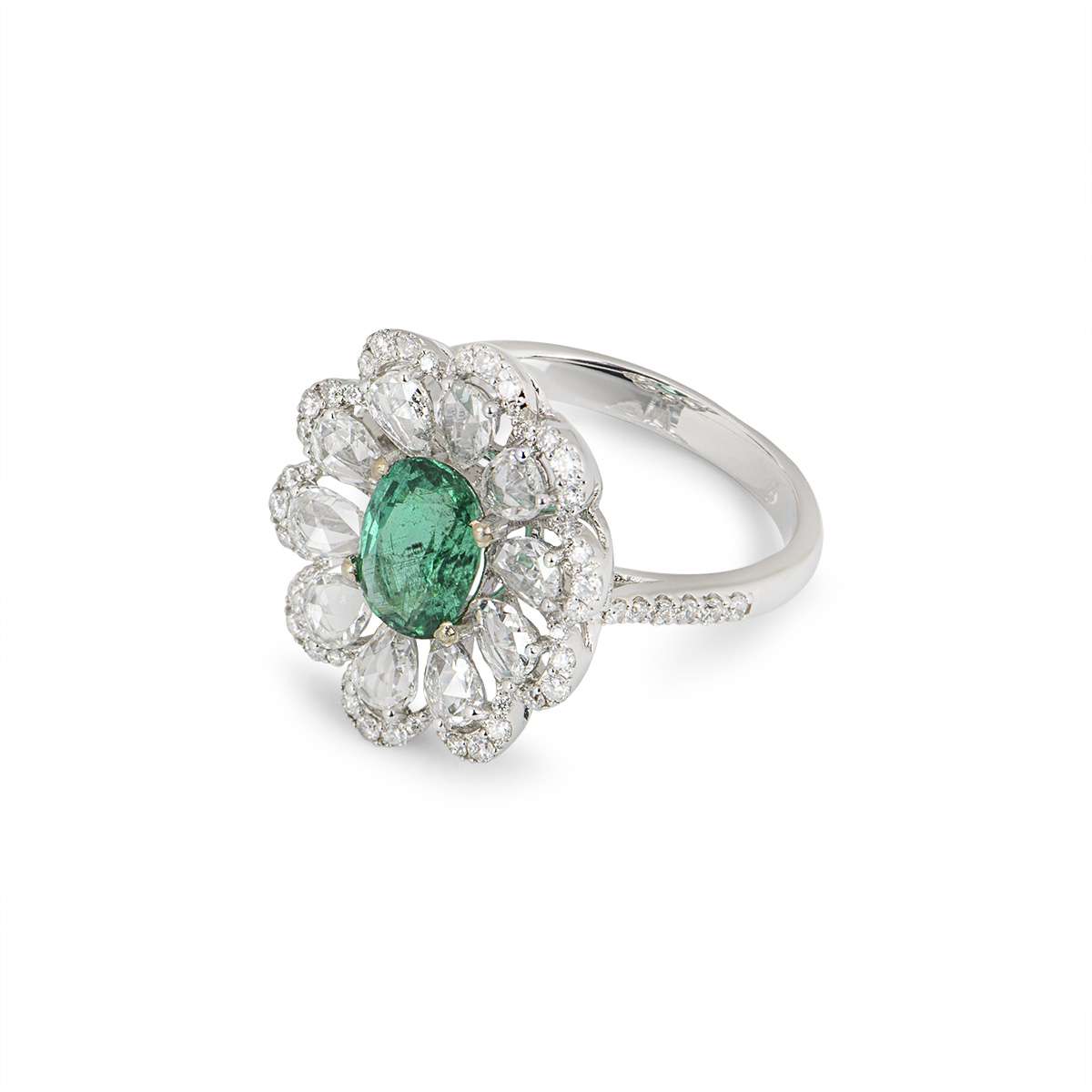 White Gold Emerald And Diamond Flower Ring