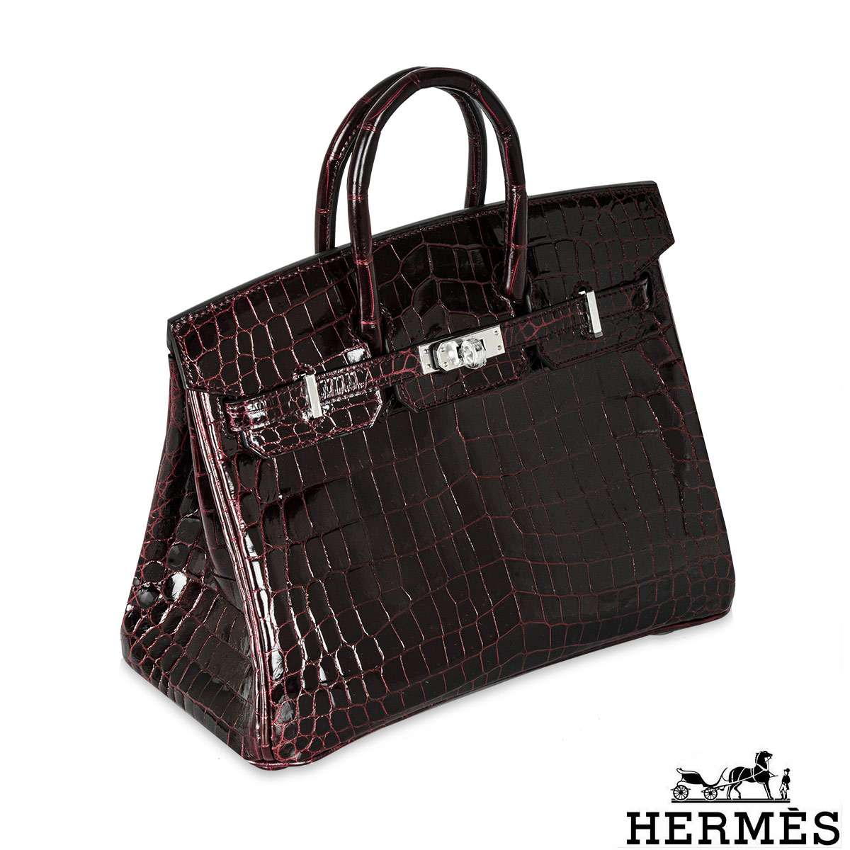 Hermés Bordeaux Shiny Niloticus 25CM Crocodile Phw