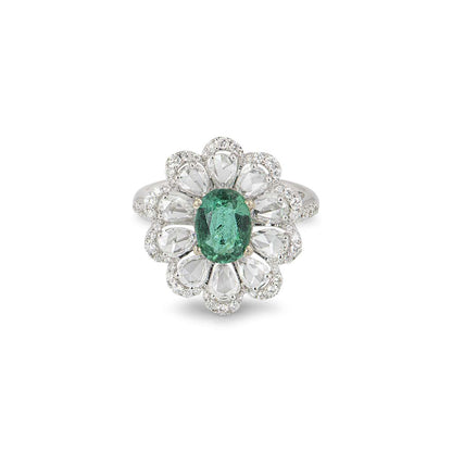 White Gold Emerald And Diamond Flower Ring