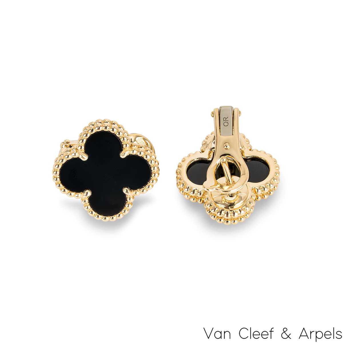 Van Cleef & Arpels Yellow Gold Onyx Vintage Alhambra Earrings VCARA44200