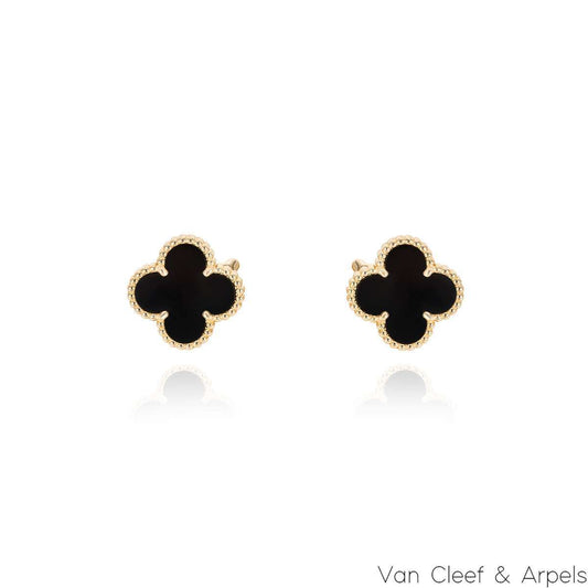 Van Cleef & Arpels Yellow Gold Onyx Vintage Alhambra Earrings VCARA44200