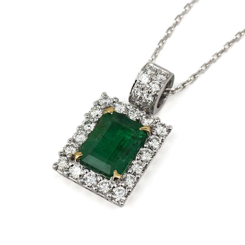 18k White Gold Emerald 2.10ct and Diamond Pendant | Rich Diamonds