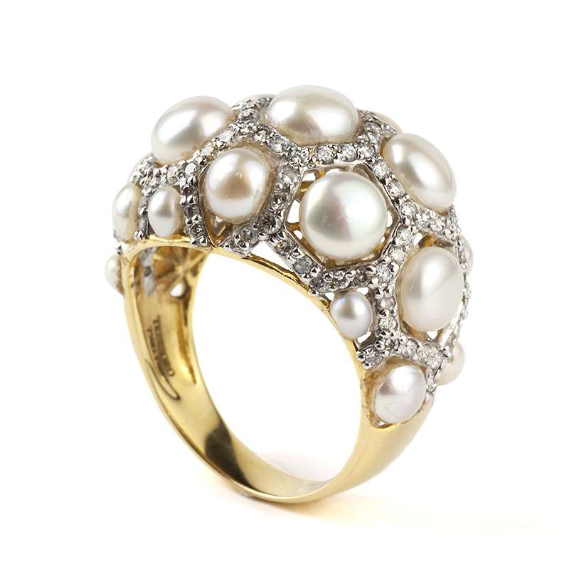 18YG Pearl and Diamond Cluster Ring | Rich Diamonds