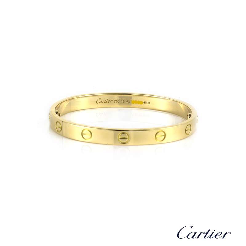 Cartier 18k Yellow Gold Love Bangle Size 16 B&P B6035516 | Rich Diamonds