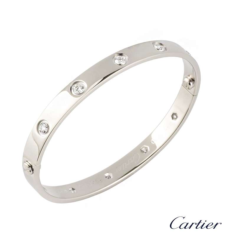 Cartier 18k White Gold Full Diamond Love Bangle Size 17 B6040716 | Rich ...