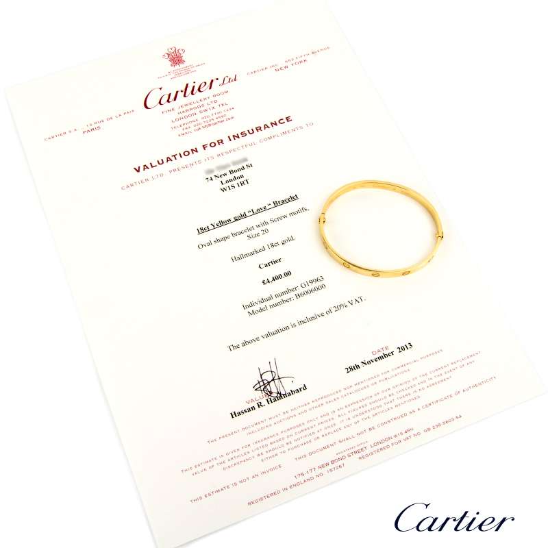 Cartier 18k Yellow Gold Love Bangle Bracelet Size 20. B6006000