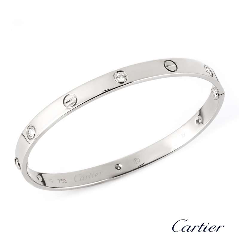 Cartier 18k White Gold Half Diamond Love Bangle Size 19 B&P B6014019 ...