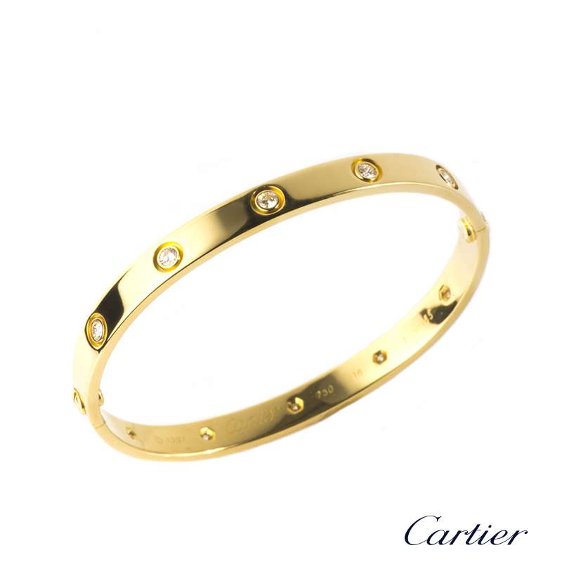 Cartier 18k Yellow Gold Full Diamond Love Bangle Size 18 B&P B6040518 ...